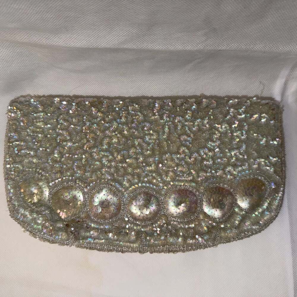 Vintage Silver Sequin and Bead Evening Clutch Bag with Chain Strap & Coin Purse - Picture 9 of 13